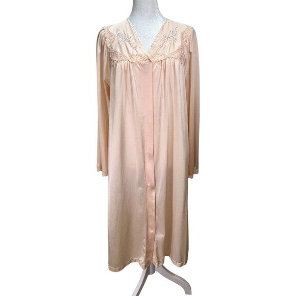 Vtg Shadowline Pink Silky‎ Robe Long Snap Front Housecoat Size Med Rosebud Lace - Picture 2 of 8